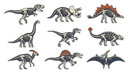 Dinosaur skeletons and fossils including Rex and Triceratops. © Aan