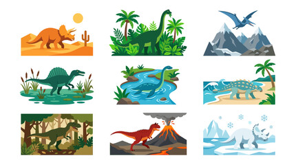 Dinosaurs in various environmental habitat landscapes. © Aan