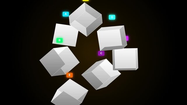 Abstract white cubes with colored dots rotating in a circle against a dark background