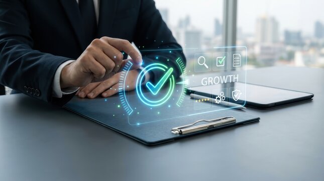Business professional using digital interface for business growth and quality management