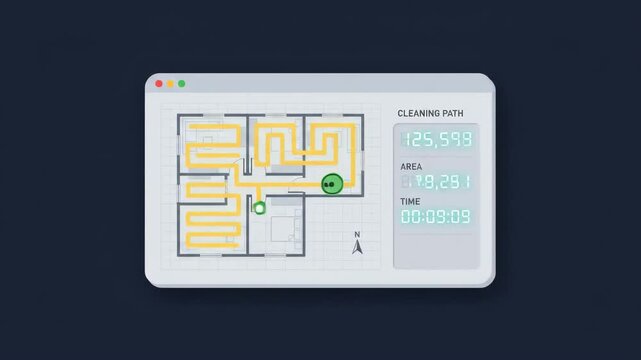 Robotic vacuum cleaner mapping house floor plan with digital interface showing cleaning progress and area statistics on dark background