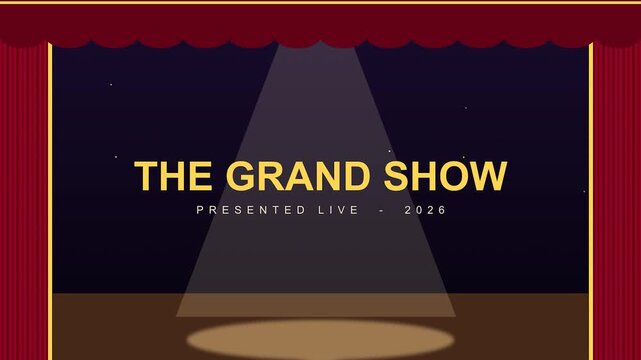 Red curtains opening to reveal a spotlight and the grand show title on stage with sparkles in flat design