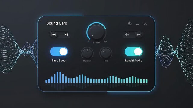 cursor interacts with dark mode digital audio interface panel displaying bass boost and volume controls set against smooth minimalist abstract dark grey background