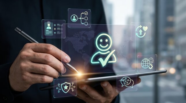 Business professional using a digital tablet with holographic customer experience and user satisfaction icons in a modern office environment