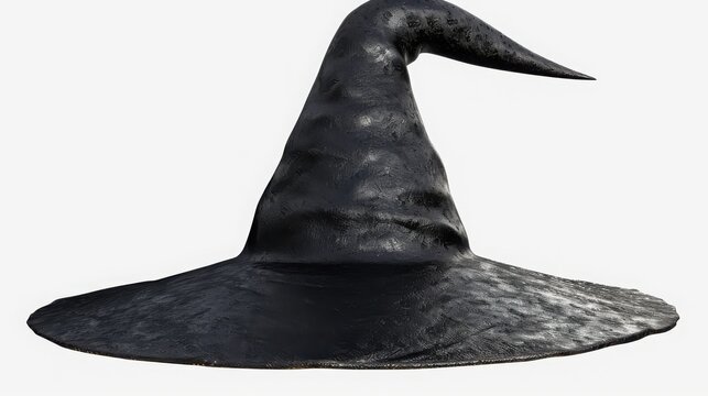 Magical black witch hat featuring pointed design isolated against bright plain white studio background