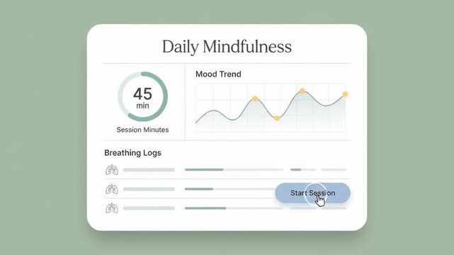 Digital mindfulness dashboard interface showing session minutes mood trends and breathing logs on screen against soft solid green background illustrating personal wellness and data tracking
