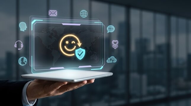 Hand holding a tablet with a digital interface showing a winking smiley face icon and a security shield, representing customer satisfaction and data protection