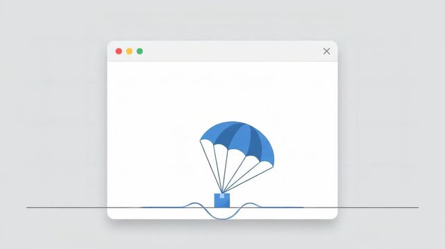 box descends via parachute inside software application window on clean minimalist computer interface background symbolizing delivery and digital asset arrival