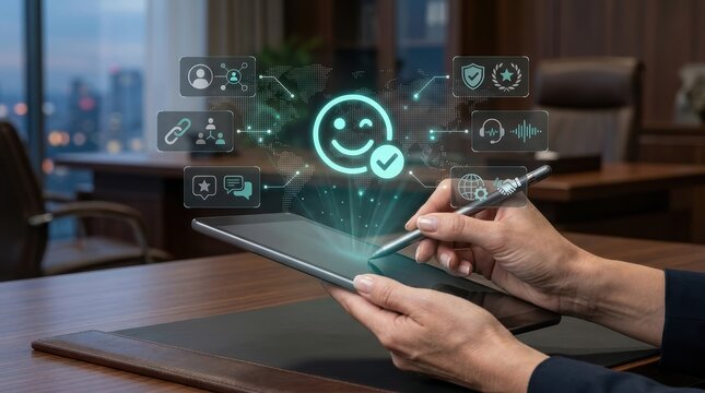 Business professional using a tablet to manage customer experience and digital feedback with holographic interface icons in a modern office setting