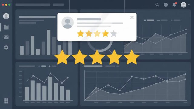 user review with four-star rating displayed as floating icon over dark-themed digital dashboard containing various financial charts and performance analytics in the background