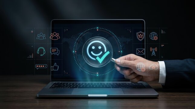 Businessman using a magnifying glass to examine a digital smiley face icon on a laptop screen, representing customer satisfaction and quality assurance