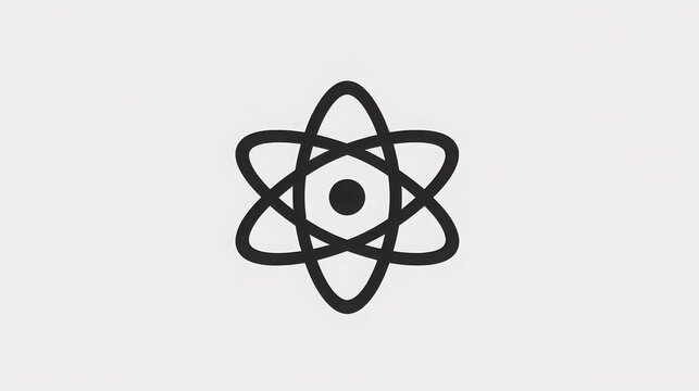 Minimalist black atomic symbol illustration featuring overlapping elliptical orbital rings and central nucleus