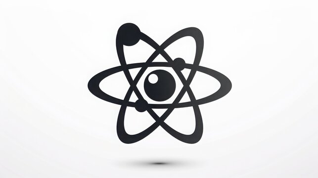 Modern black atom symbol silhouette illustration featuring orbital rings and nucleus on white background