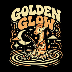 Fototapeta premium Retro Llama Fishing on Raft Under Crescent Moon Golden Glow.