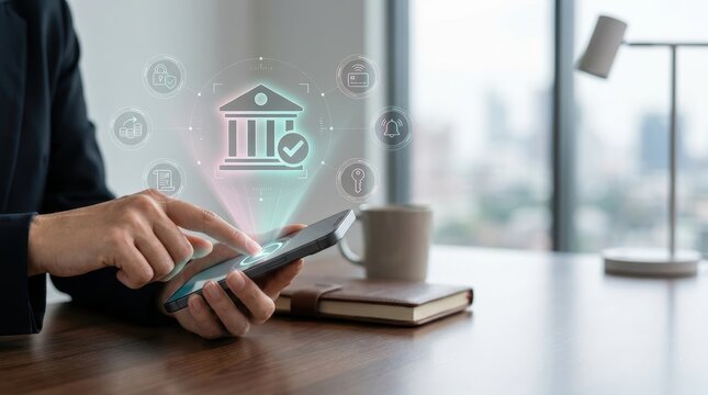 Businessman using mobile banking app with digital interface icons for secure financial transactions and online money management in a modern office