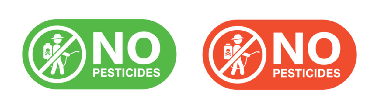 No pesticides warning icons with green and red rounded rectangular backgrounds, featuring farmer spraying symbol