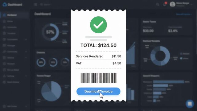 Digital receipt displaying successful payment total floating over blurred financial analytics dashboard interface with data charts and graphs showing business performance metrics in the background