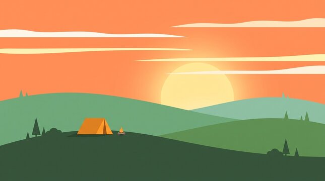 Minimalist 2D Sunset Camping Landscape