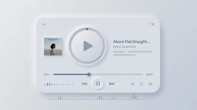 minimalist neomorphic music player interface featuring centered play button and audio progress bar floating against clean abstract soft grey background with subtle sound wave patterns