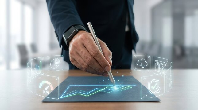 Business professional using a digital pen to interact with holographic data charts and analytics on a document in a modern office environment