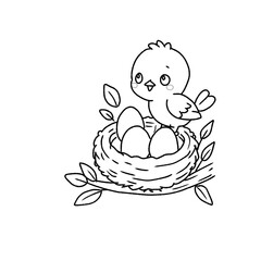 Bird Nest with Eggs and Cute Chick Outline Illustration © Putri