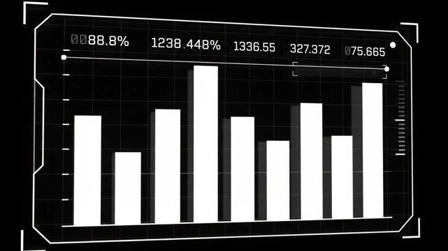 Digital bar graph showing financial data trends on futuristic heads-up display interface against dark background representing stock market analysis statistics and business intelligence metrics