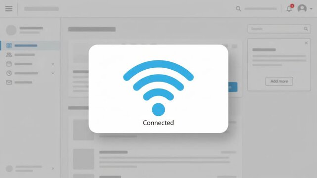 blue wireless internet connection symbol centered over blurred digital website interface showing layout structures and menus in the background