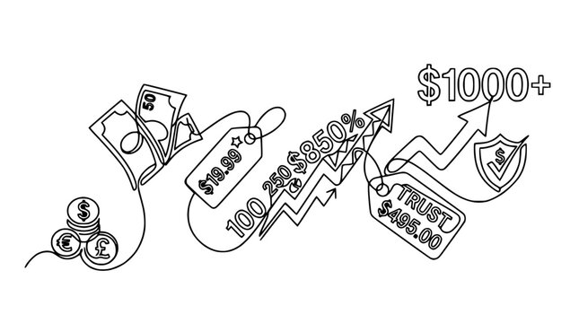 Financial Growth Concept: Money, Price Tags, Percentages, Security Shield, Isolated