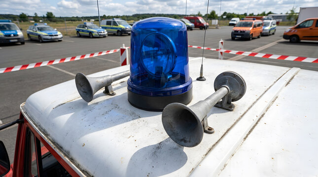 Blue Emergency Siren Light and Air Horns on Emergency Vehicle Roof | Close Up Emergency Light Bar and Horns on White Truck | Blue Flashing Beacon Light on Rescue Service Vehicle