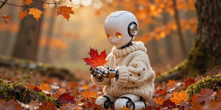Cute humanoid robot in knitwear sweater holding autumn maple leaf, nature science concept of synthetic emotions, organic harmony Smart toy wonder Future soul idea Fall tree branch Analog change object