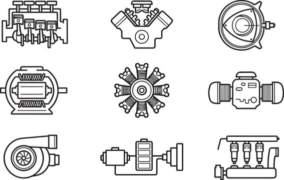 Automotive engine types and industrial motor collection including piston engines, rotary engines, electric motors, and turbochargers