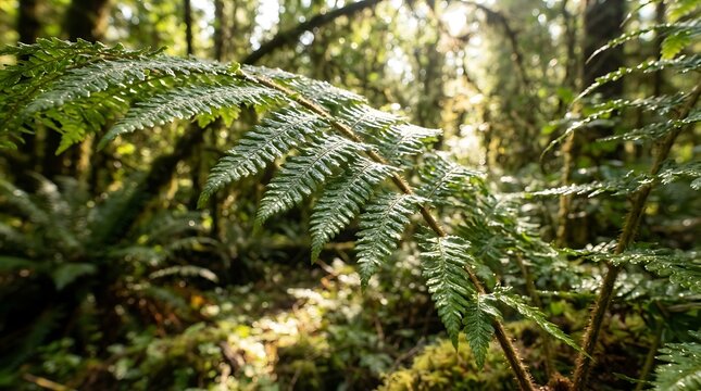 Fern leaf glows in the sunlight filtering through a lush green temperate rainforest.
