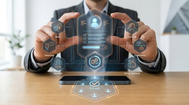 Businessman using digital interface for recruitment and hiring process, analyzing candidate profiles with futuristic technology for talent acquisition