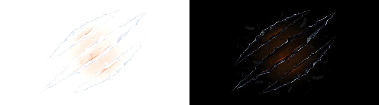 Claw scratches with torn edges and glowing orange depth for horror designs in PNG, Transparent and Black Background Versions