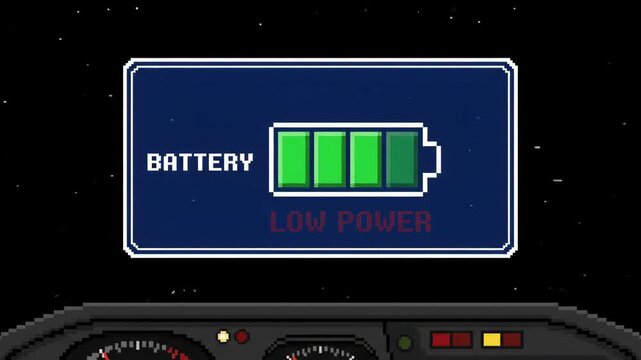 Pixel art display showing partially charged battery status icon inside futuristic spaceship cockpit with stars moving in the dark space background