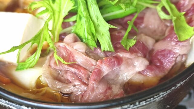 湯気が立ち上る熱々のすき焼き・鍋料理のクローズアップ（冬の味覚・シズル感）