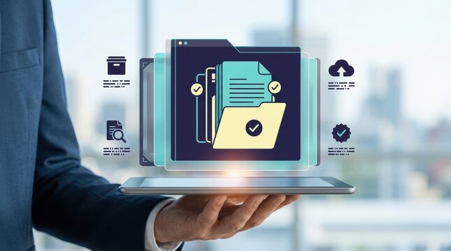 Businessman holding a digital tablet with a holographic interface showing file management, document organization, and cloud storage icons