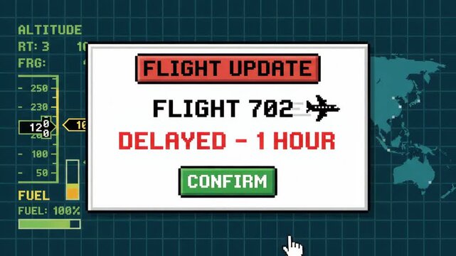 pixel art flight update notification displaying an hourglass icon on screen showing aviation data like altitude and fuel levels over digital world map background
