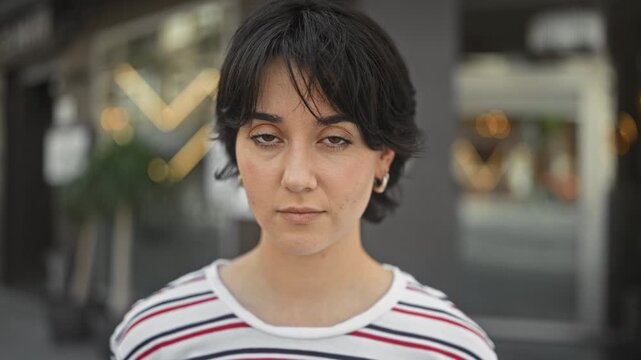 Young woman face looks at camera on street storefront in striped shirt, hoop earring visible; contentment.