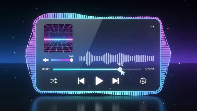 computer mouse cursor adjusting the audio volume level on digital interface display with glowing neon grid and sound wave visualization in the background