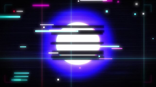 Abstract circular light frame with dynamic digital glitch artifacts flickering against dark neon motion background