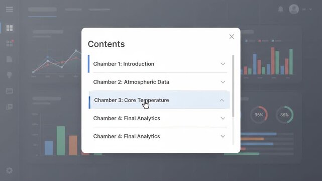 interactive contents modal window displaying scientific data categories floating over dark user interface dashboard featuring line graphs bar charts and circular progress indicators