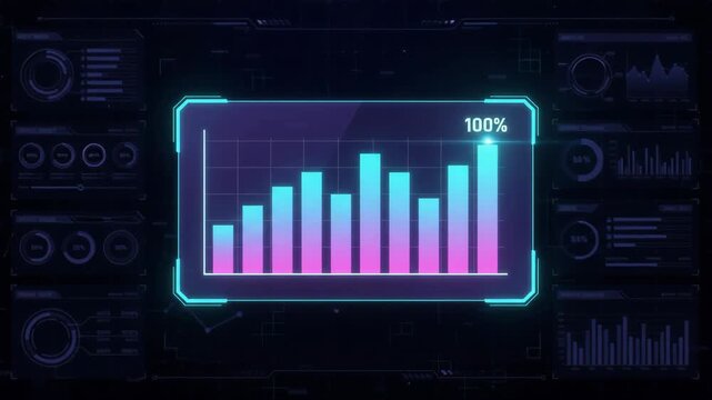 vibrant glowing bar chart representing digital growth metrics displayed on futuristic HUD interface within dark abstract data processing environment filled with analytical dashboard elements