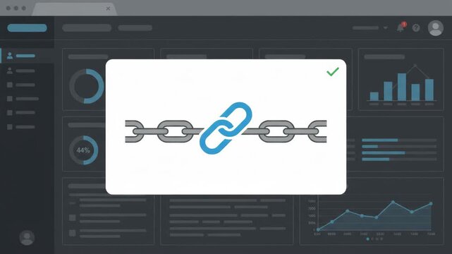 broken metal chain icon displayed in popup window centered over dark digital analytics dashboard showing various data charts and graphs for business performance monitoring and web interface