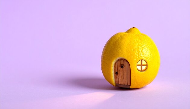 Whole lemon turned into a tiny house with wooden door and glowing round window on lavender background