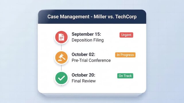 Digital legal case management timeline dashboard displaying court filing dates and statuses on clean grid-patterned office background