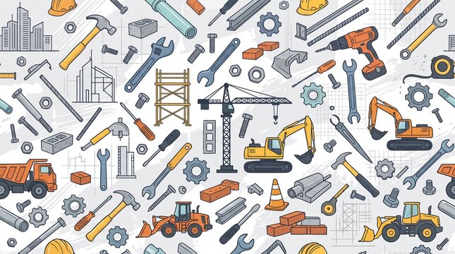 Construction Tools and Heavy Machinery Seamless Pattern