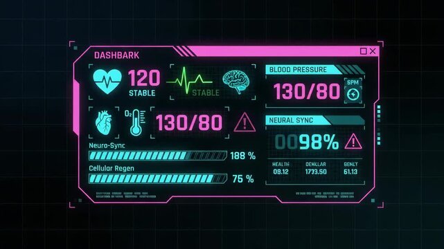 Futuristic medical health monitoring interface displaying vital signs and neural sync levels on glowing digital screen set against dark grid background showing technical system data processing