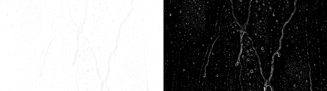 Branching rain water streaks merge and split down glass surrounded by fine droplets using PNG, Transparent and Black Background Versions for overlays
