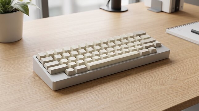 Minimalist custom mechanical keyboard with beige keycaps on wooden desk